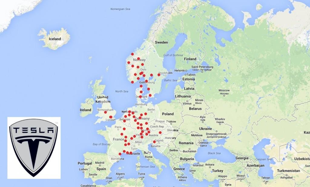 Aktuální evropská síť nabíjecích stanic Tesla