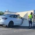 Elektromobil Tesla Model 3 se na dálnici proboural střechou ležícího kamionu