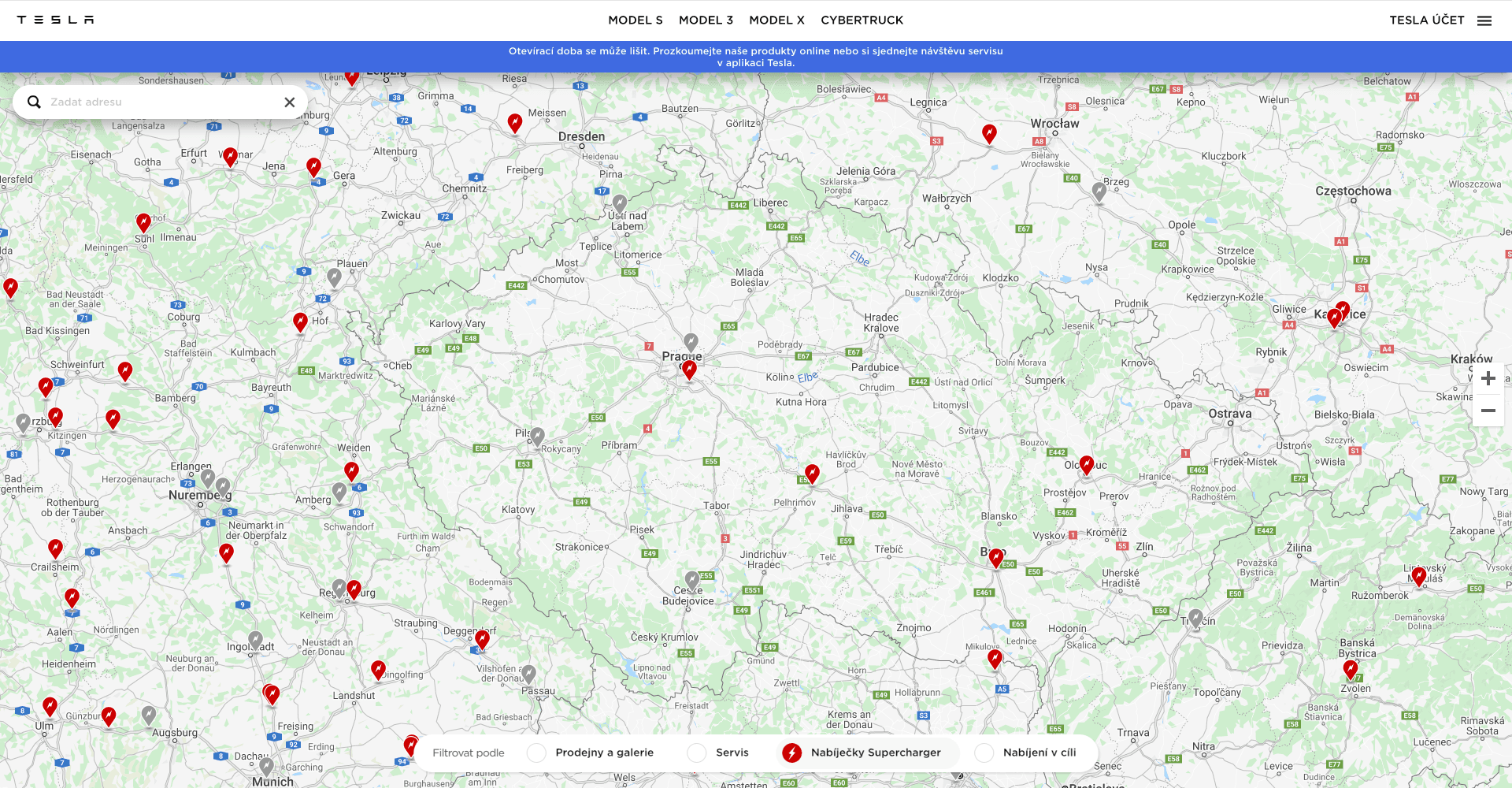 Mapa nabíjecích stanic Tesla Supercharger