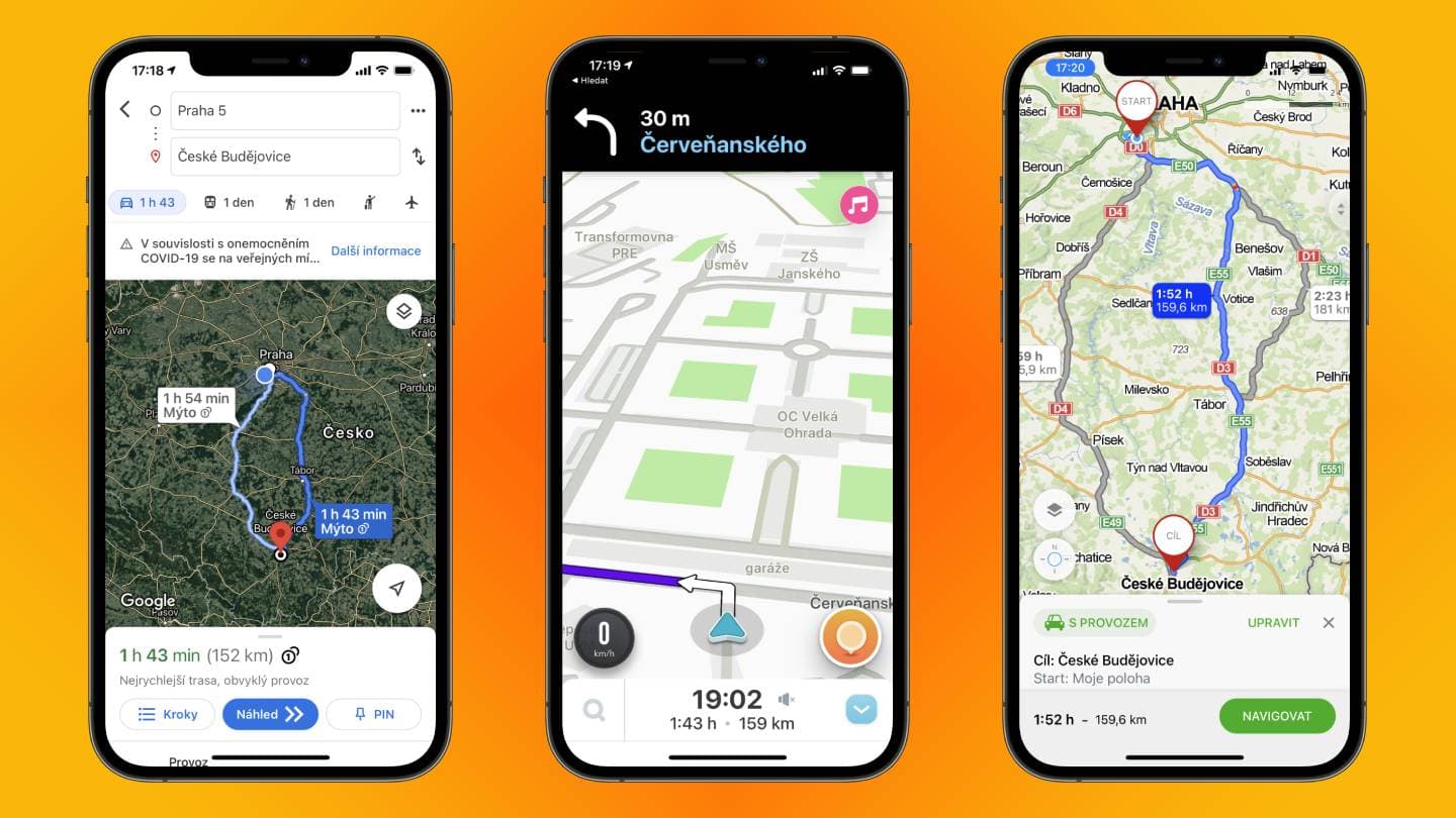 Aplikace Google Maps, Waze a Mapy.cz (zleva)