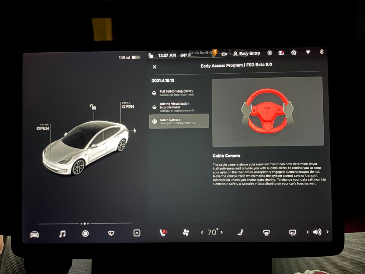 Tesla FSD Beta V9, bezpečnostní kamera