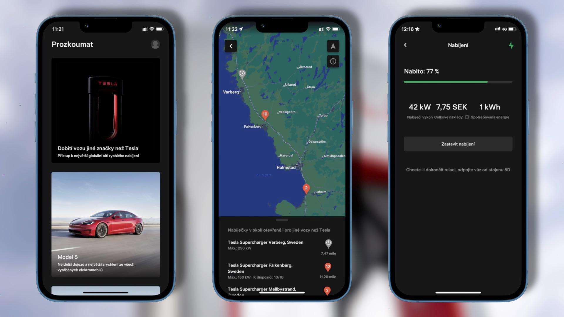 Pohled do aplikace Tesly na nabíjení na Superchargeru elektromobilem cizí značky