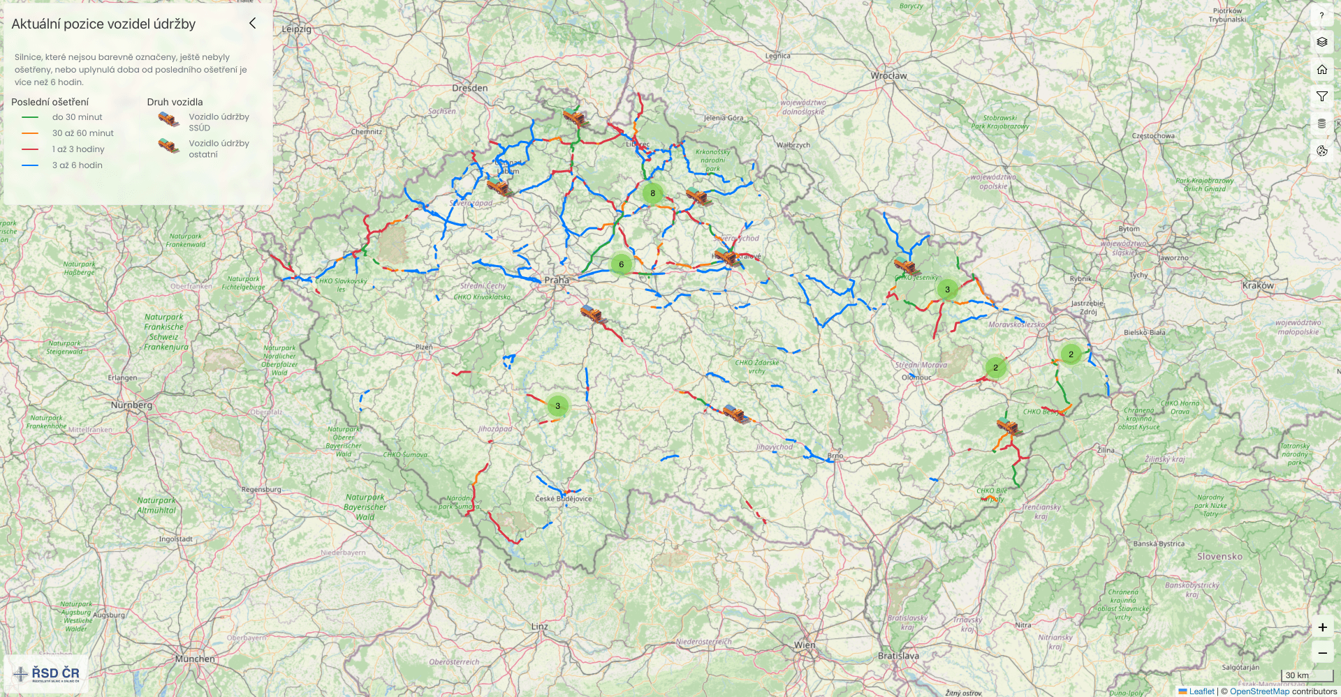 Mapa údržby silnic v Česku