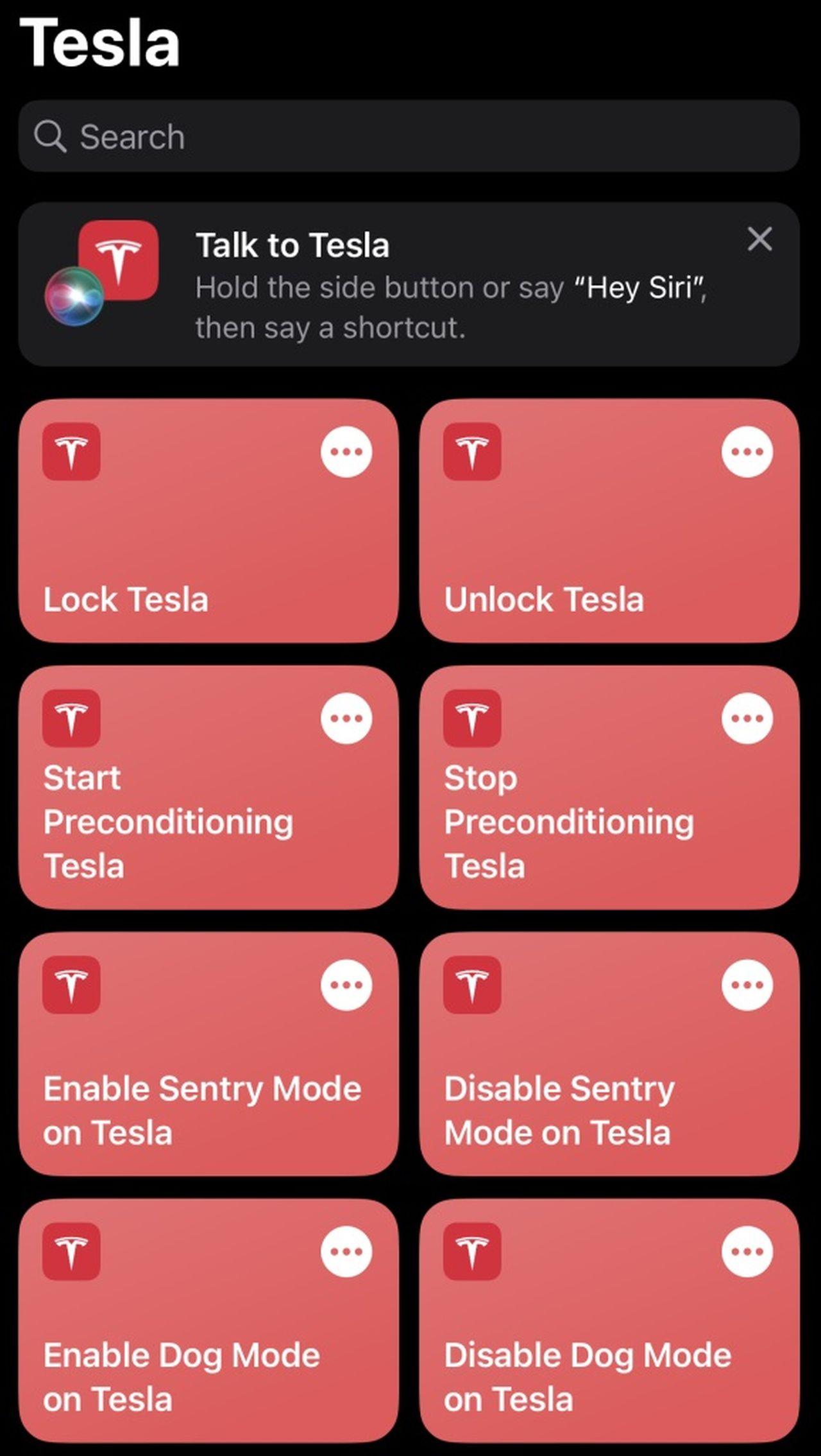 Tesla aplikace Zkratky pro iOS