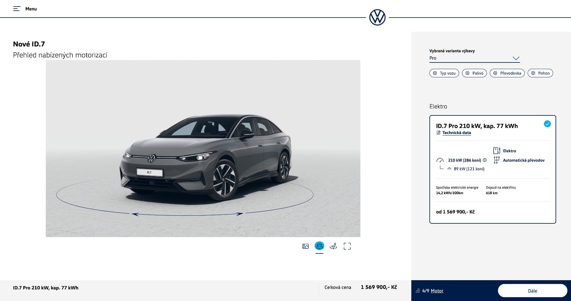 Volkswagen ID.7 Pro v českém online konfigurátoru