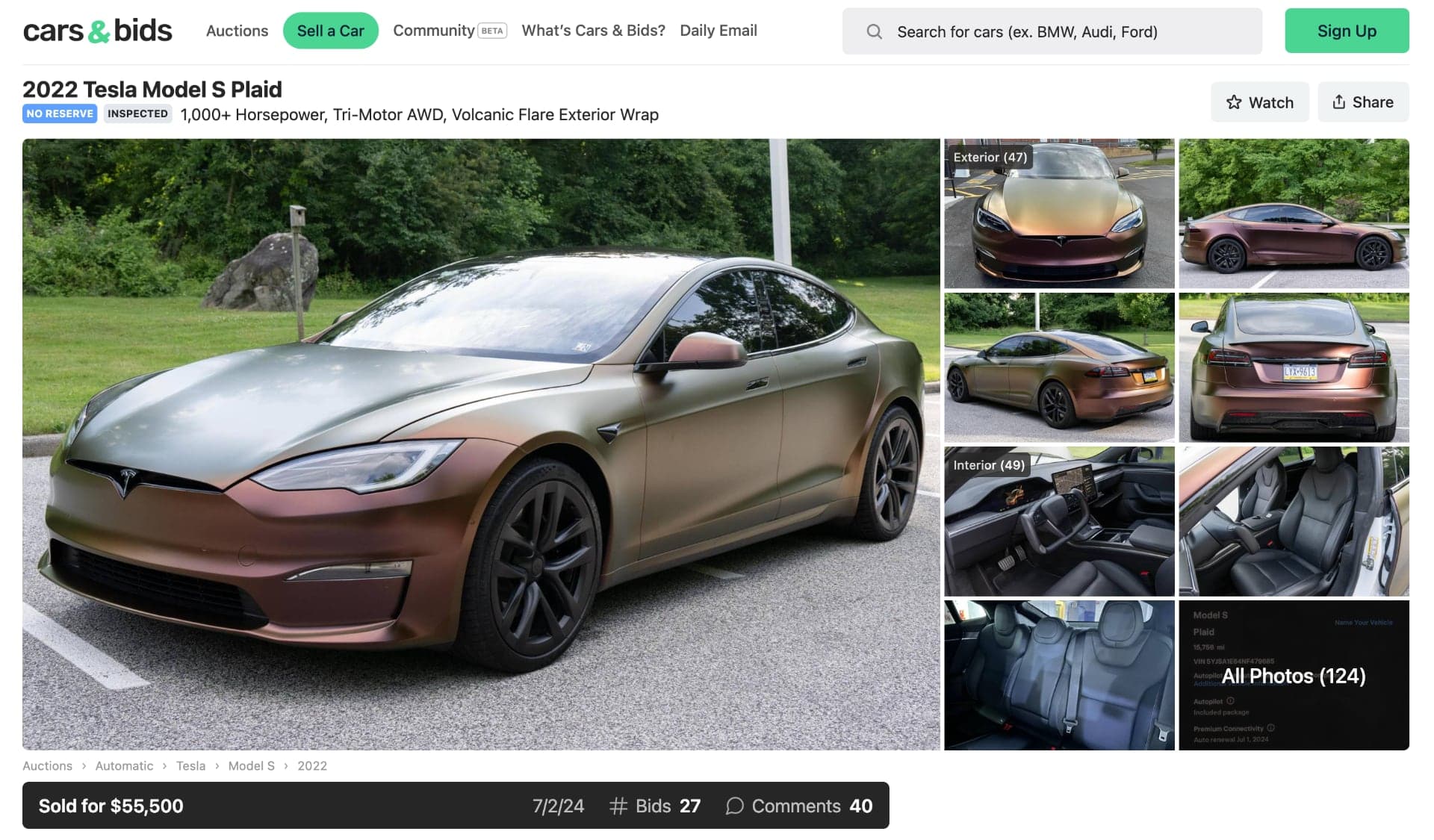 Ojetá Tesla Model S Plaid na portálu Cars&Bids