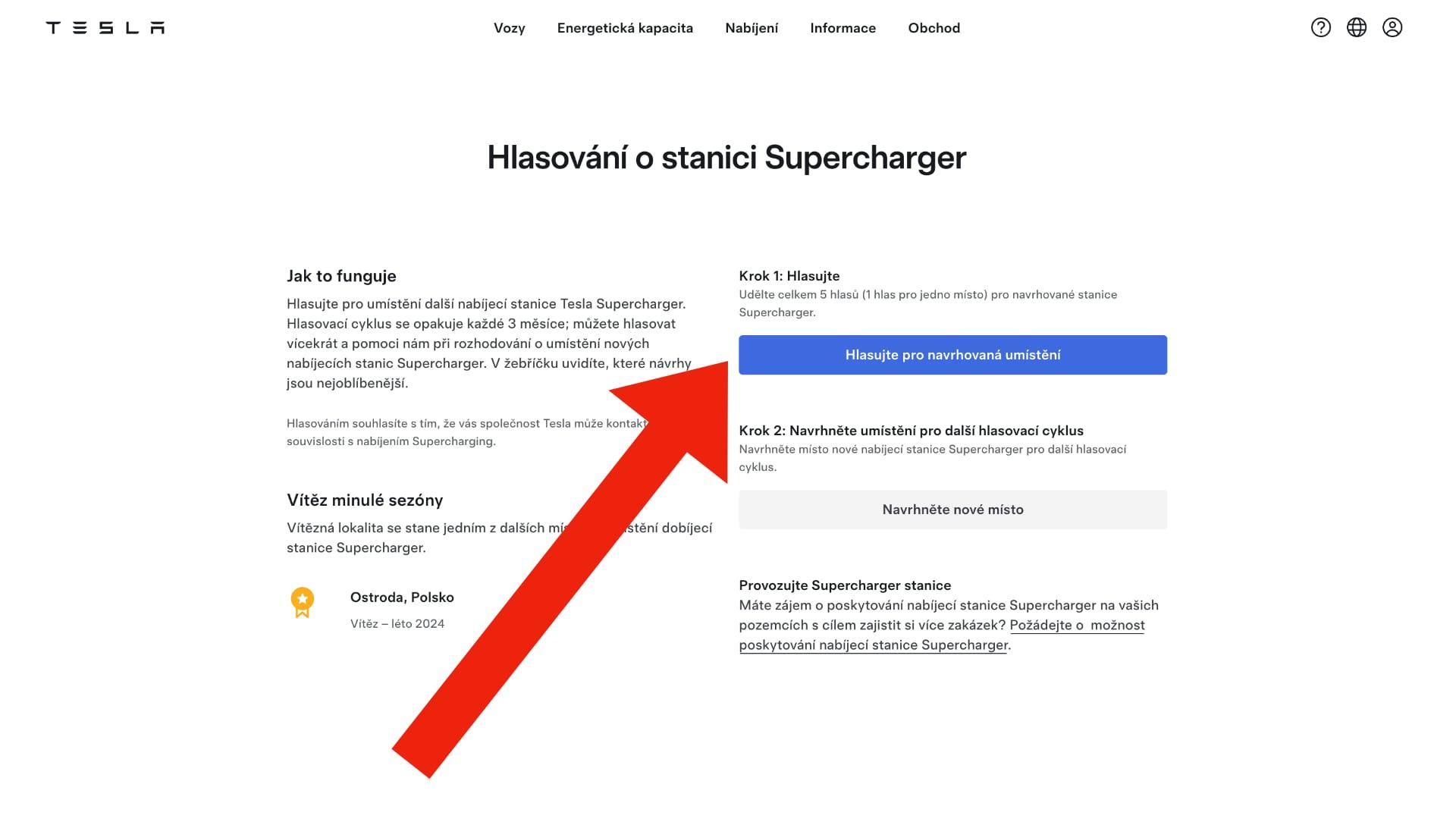 Tesla hlasování o stanici Supercharger