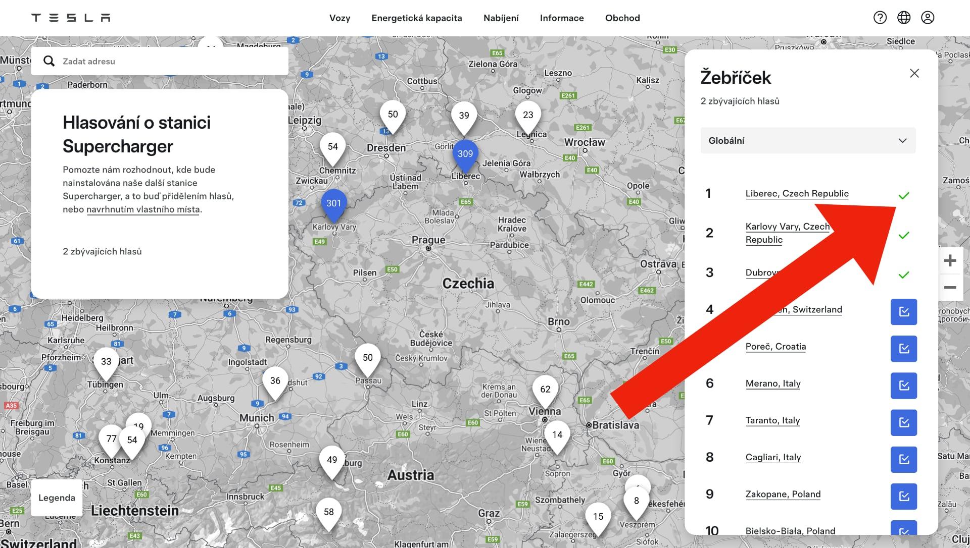 Tesla hlasování o stanici Supercharger