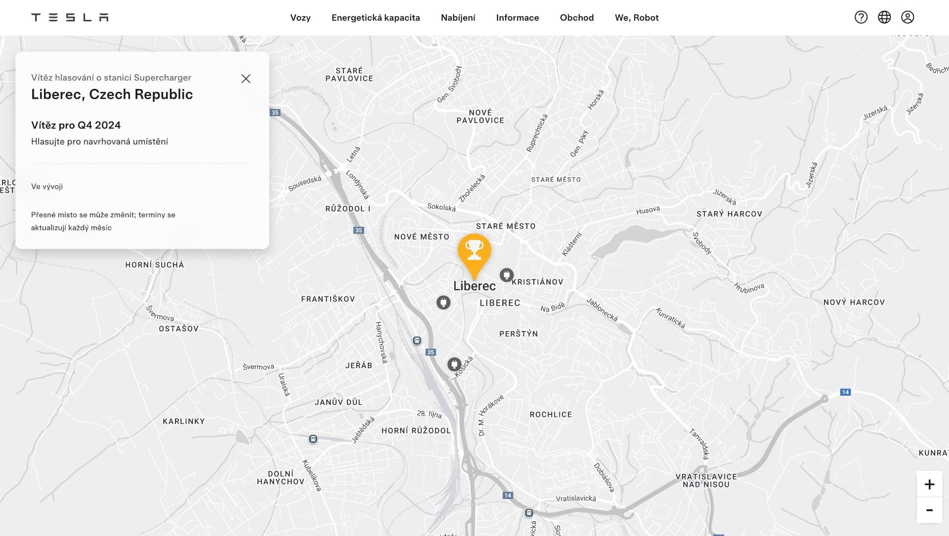 Mapa na webu Tesly, kde vyroste nový Supercharger v Liberci | foto: Luboš Srb, Elektrickevozy.cz