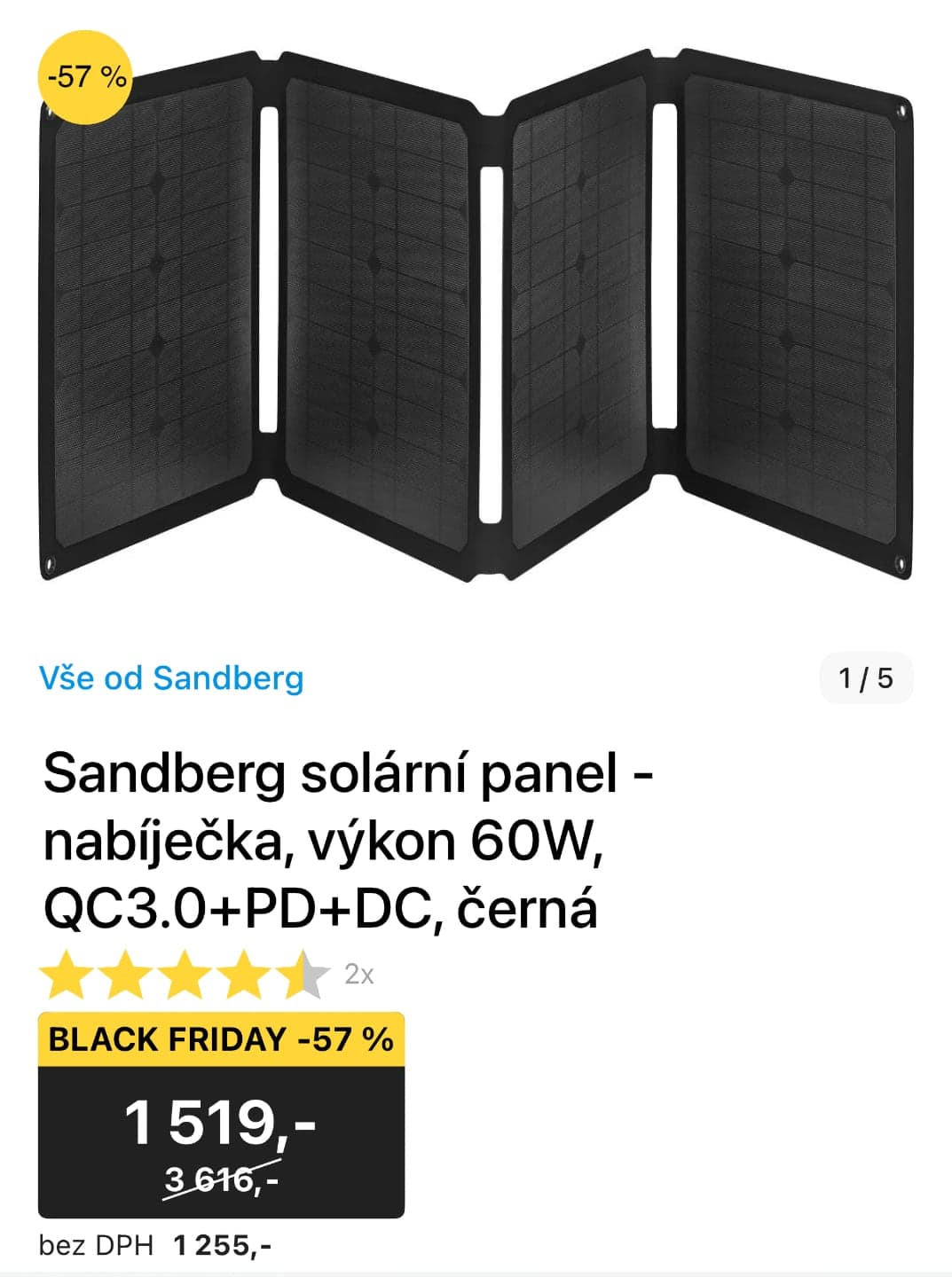Skládací solární nabíječka Sandberg Solar Charger 60W QC3.0+PD+DC | Zdroj: Alza