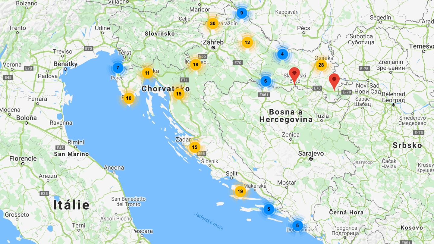 Mapa nabíjecích stanic Elen v Chorvatsku
