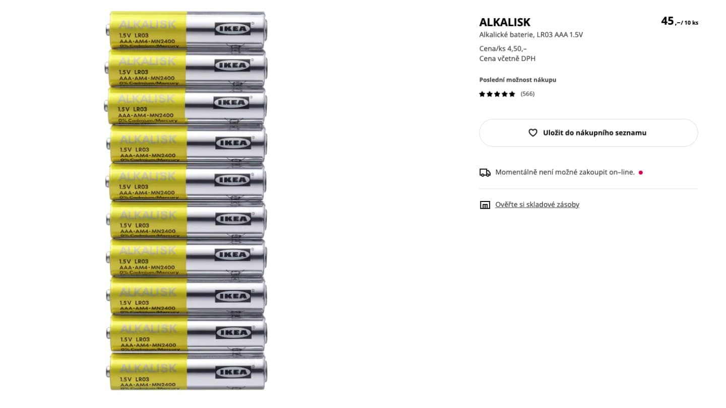 Společnost IKEA ukončila prodej alkalických baterií