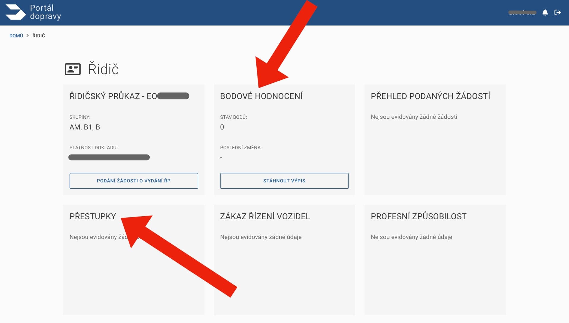 Zde vidíte, kolik máte bodů jako řidič a také zda jste spáchali nějaké přestupky