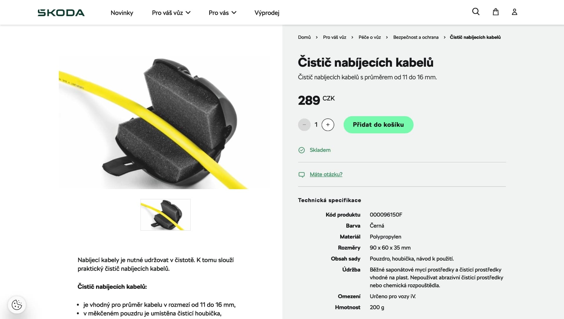 Škoda Auto prodává tzv. Čistič nabíjecích kabelů
