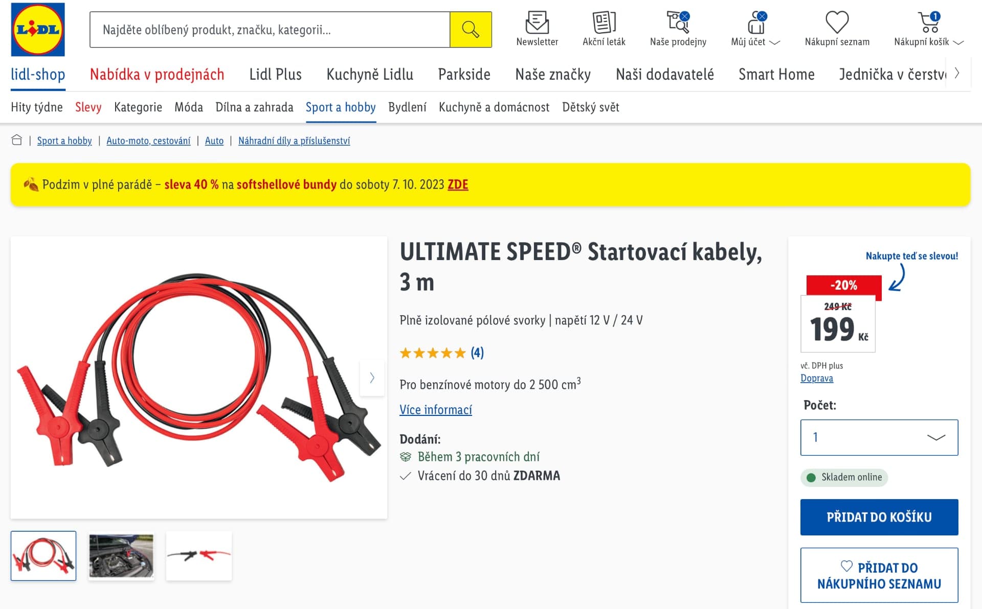 Lidl e-shop prodává Ultimate Speed startovací kabely dlouhé 3 metry