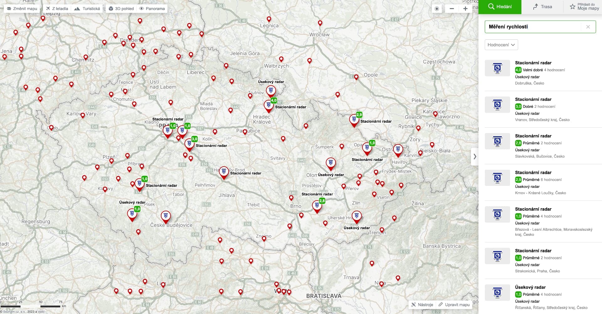 Mapa radarů v Česku v aplikaci Mapy.cz