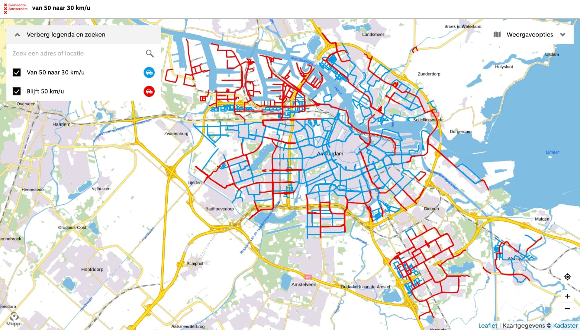 Amsterdam mapa snížení povolené rychlosti na 30 km/h
