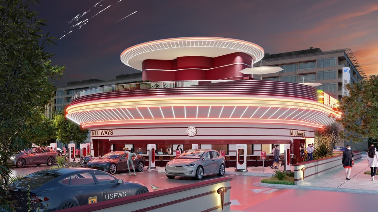 Tesla Supercharger v Hollywoodu nabídne autokino a restauraci ve stylu 50. let | X.com/HowardModels