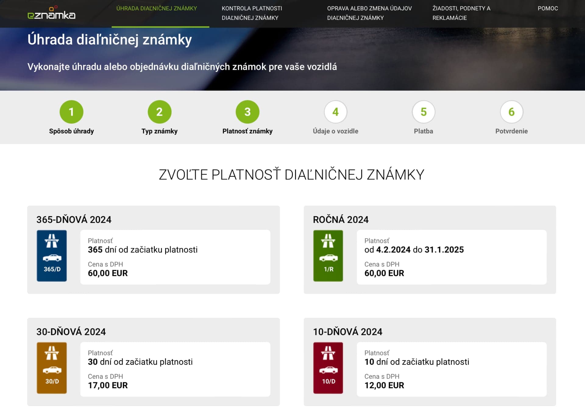 Nákup elektronické dálniční známky přes oficiální web www.eznamka.sk