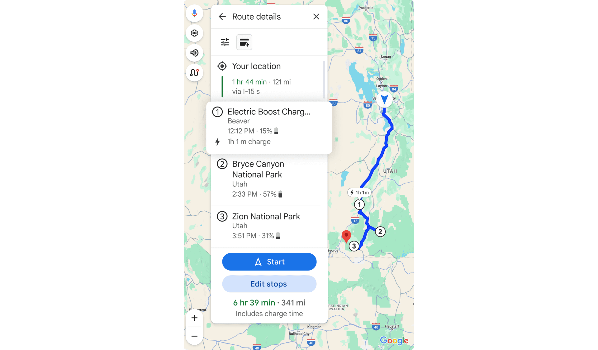 Nabíjení na trase - Google Mapy