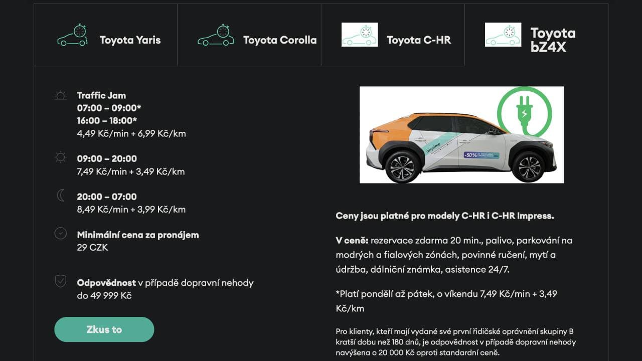 Anytime carsharing, ceník