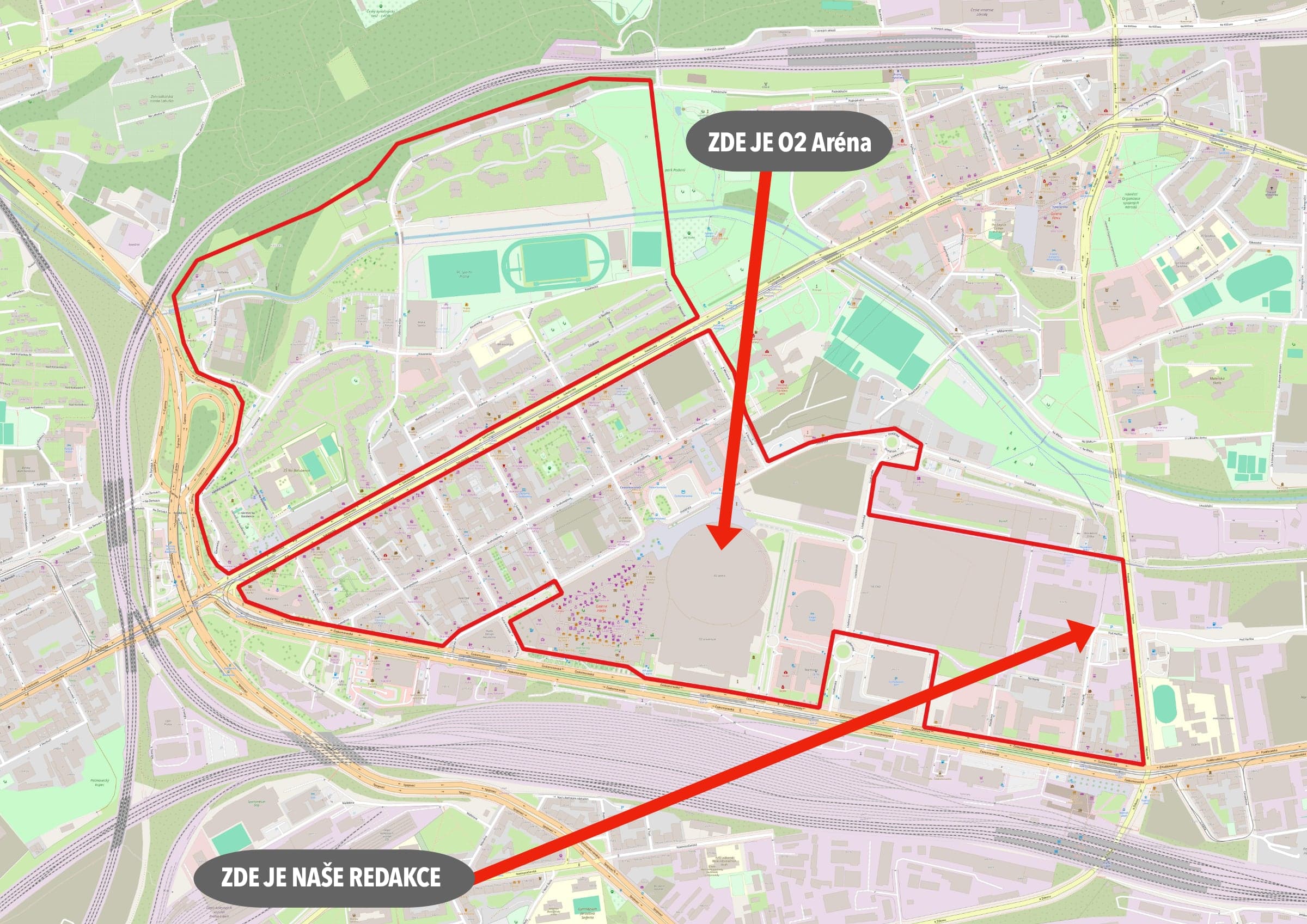 Mapa Prahy 9 s omezením vjezdu s vyznačením, kde je O2 Arena a kde sídlí naše redkace | foto: Praha 9, úprava: vlastní