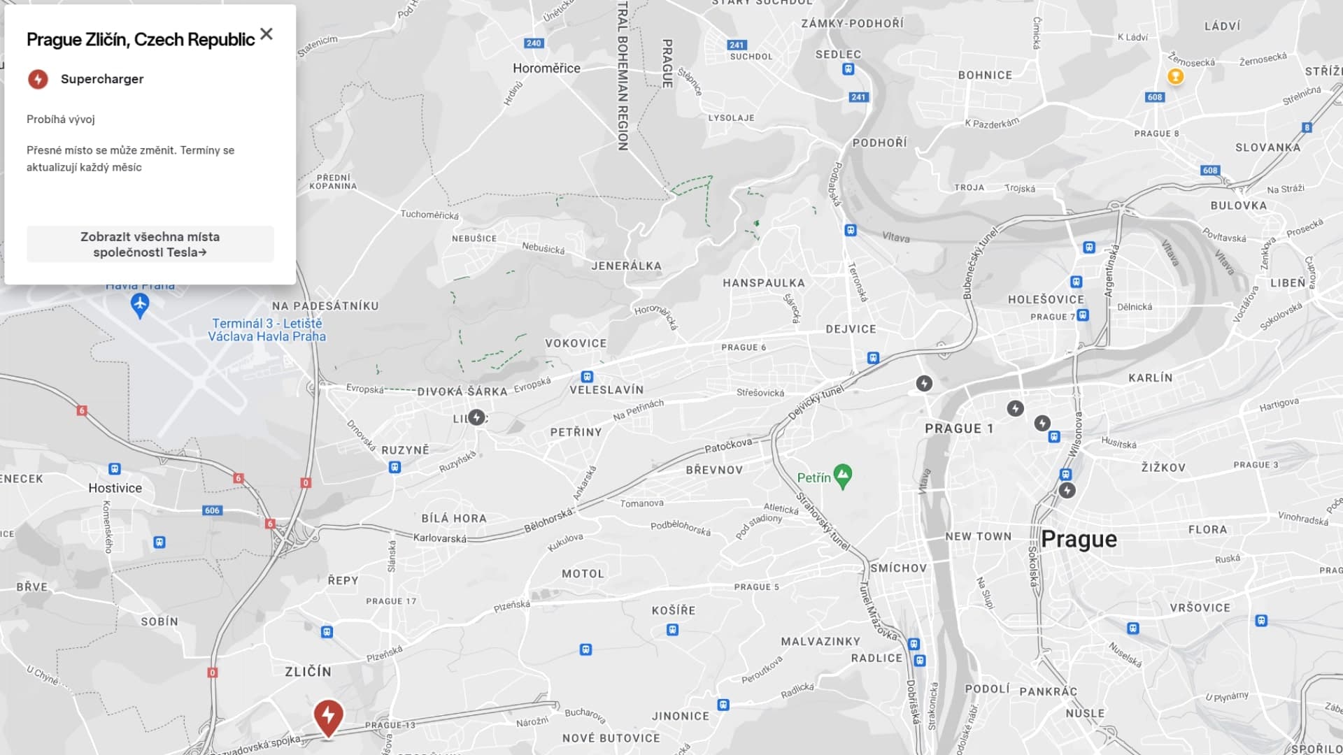 Tesla Superchargery v Praze mapa obr1
