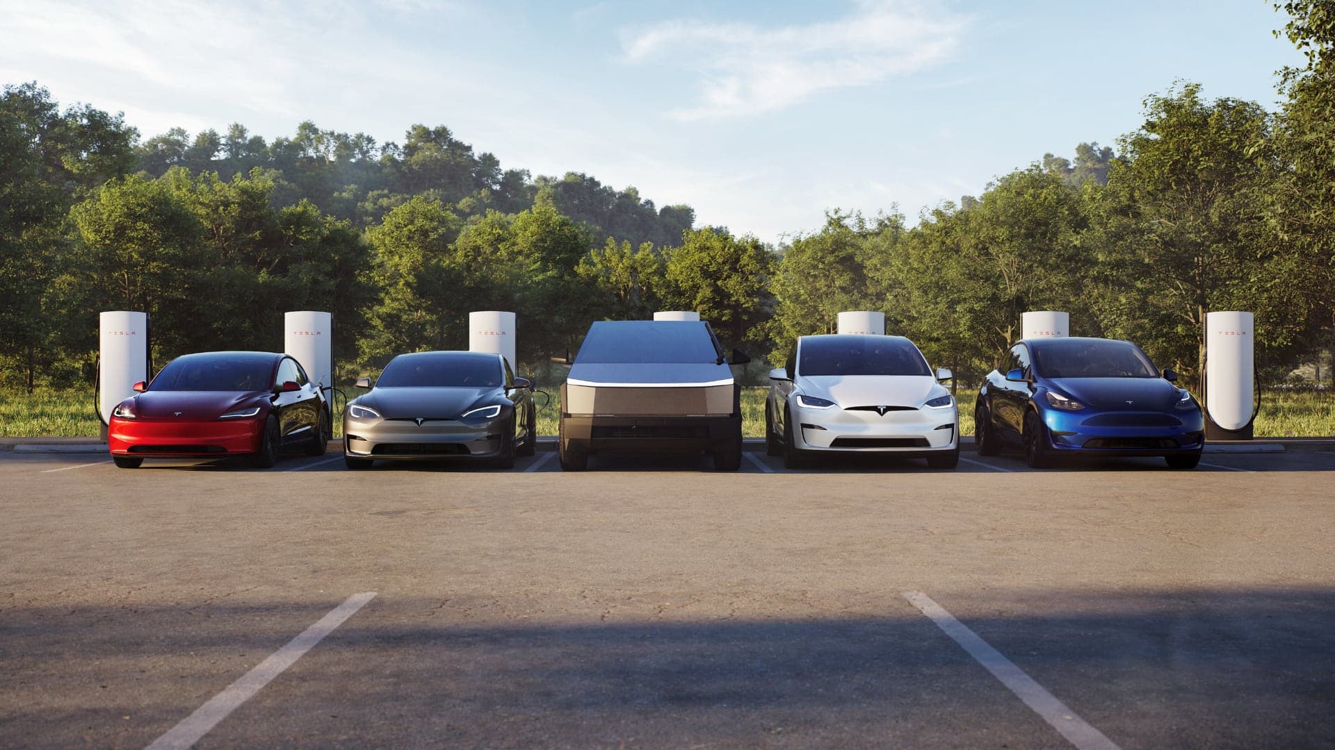 Nabíjení elektromobilů na rychlonabíjecí stanici Tesla Supercharger V4 ve dne | foto: Tesla