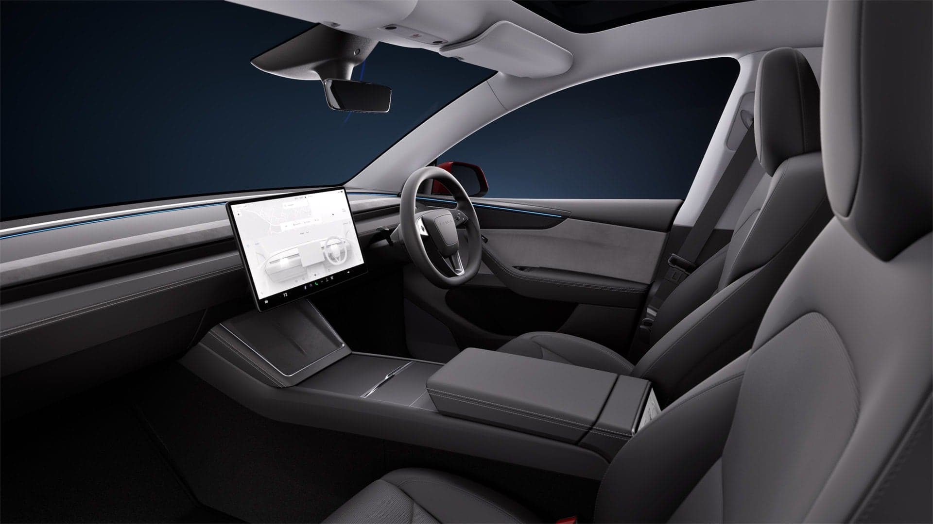 Bílý interiér Tesly Model Y (2025) pro pravostranné řízení | foto: Tesla