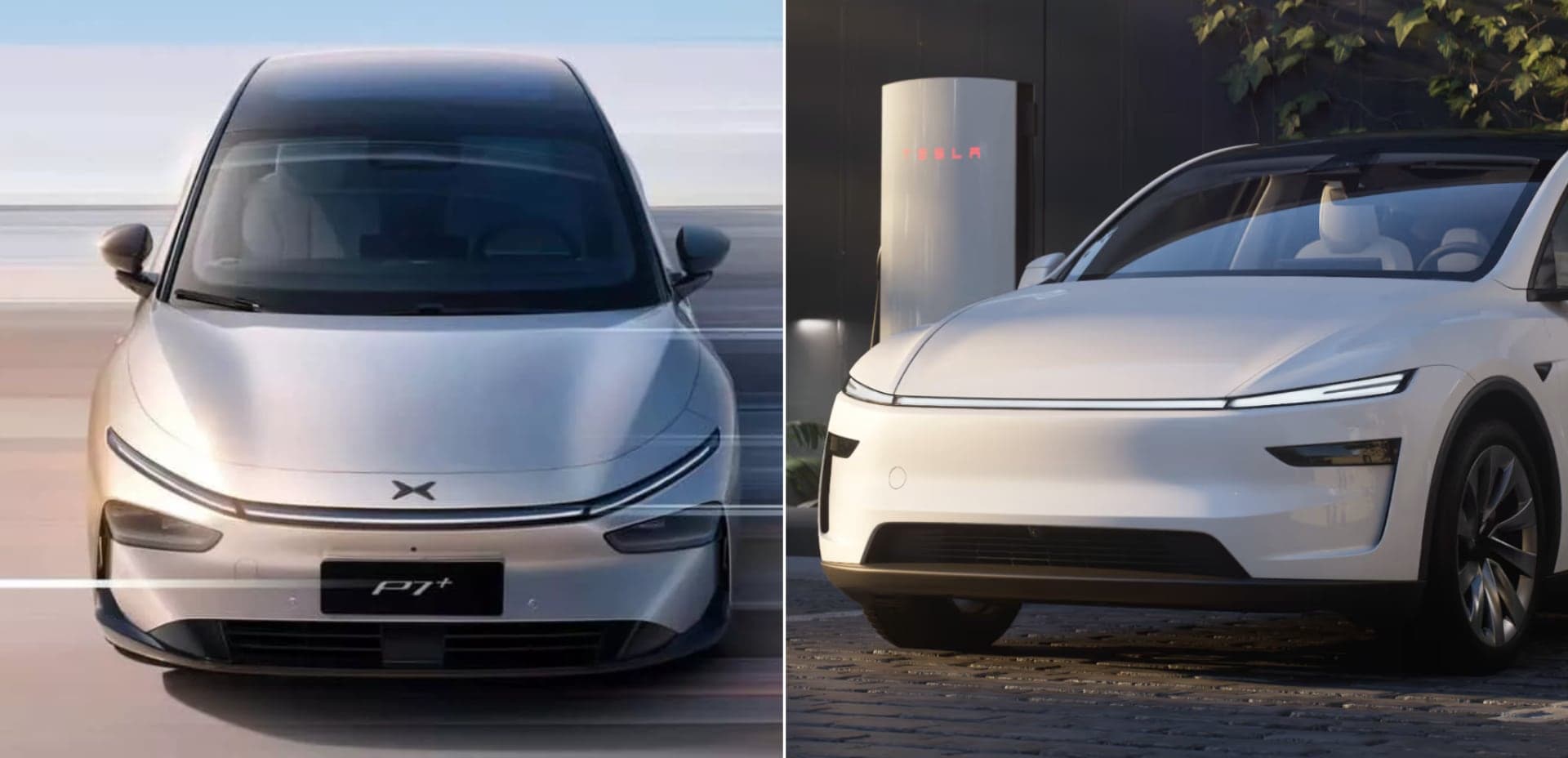 Xpeng P7 vs Tesla Model Y (2025) Juniper a srovnání zepředu | foto: Xpeng, Tesla, úprava: Luboš Srb, Elektrickevozy.cz