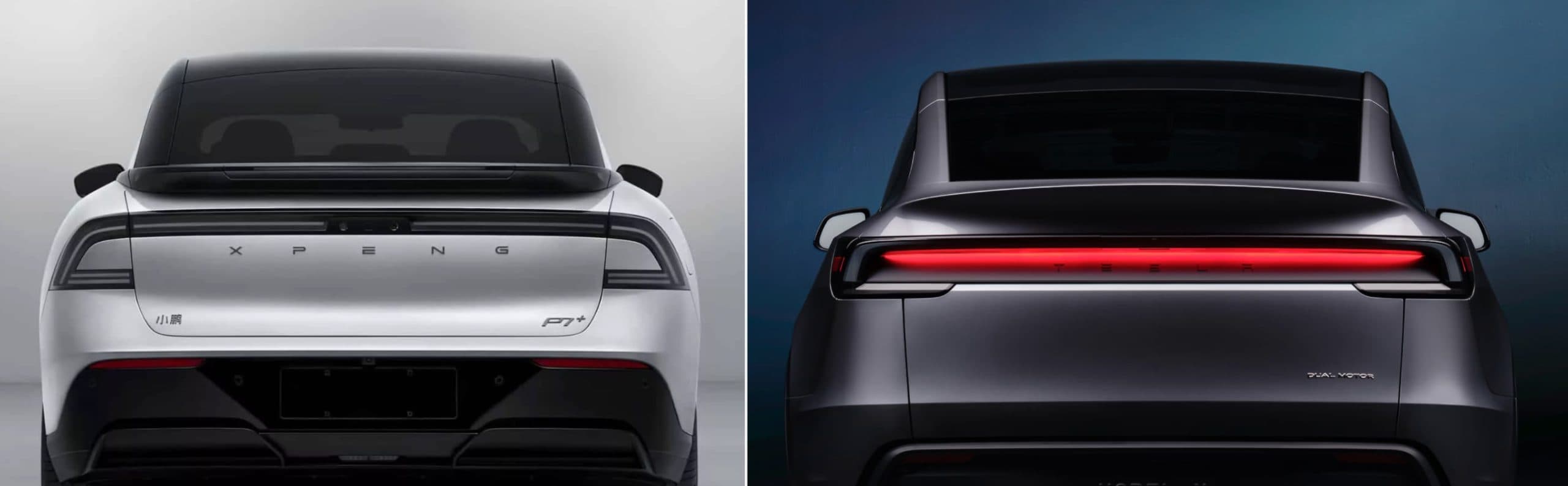 Xpeng P7 vs Tesla Model Y (2025) Juniper a srovnání zezadu | foto: Xpeng, Tesla, úprava: Luboš Srb, Elektrickevozy.cz
