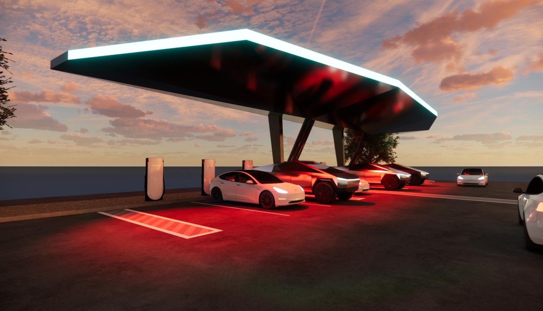 Budovaný Supercharger v Roswellu má připomínat údajnou havárii UFO | foto: MarcoRP/x.com