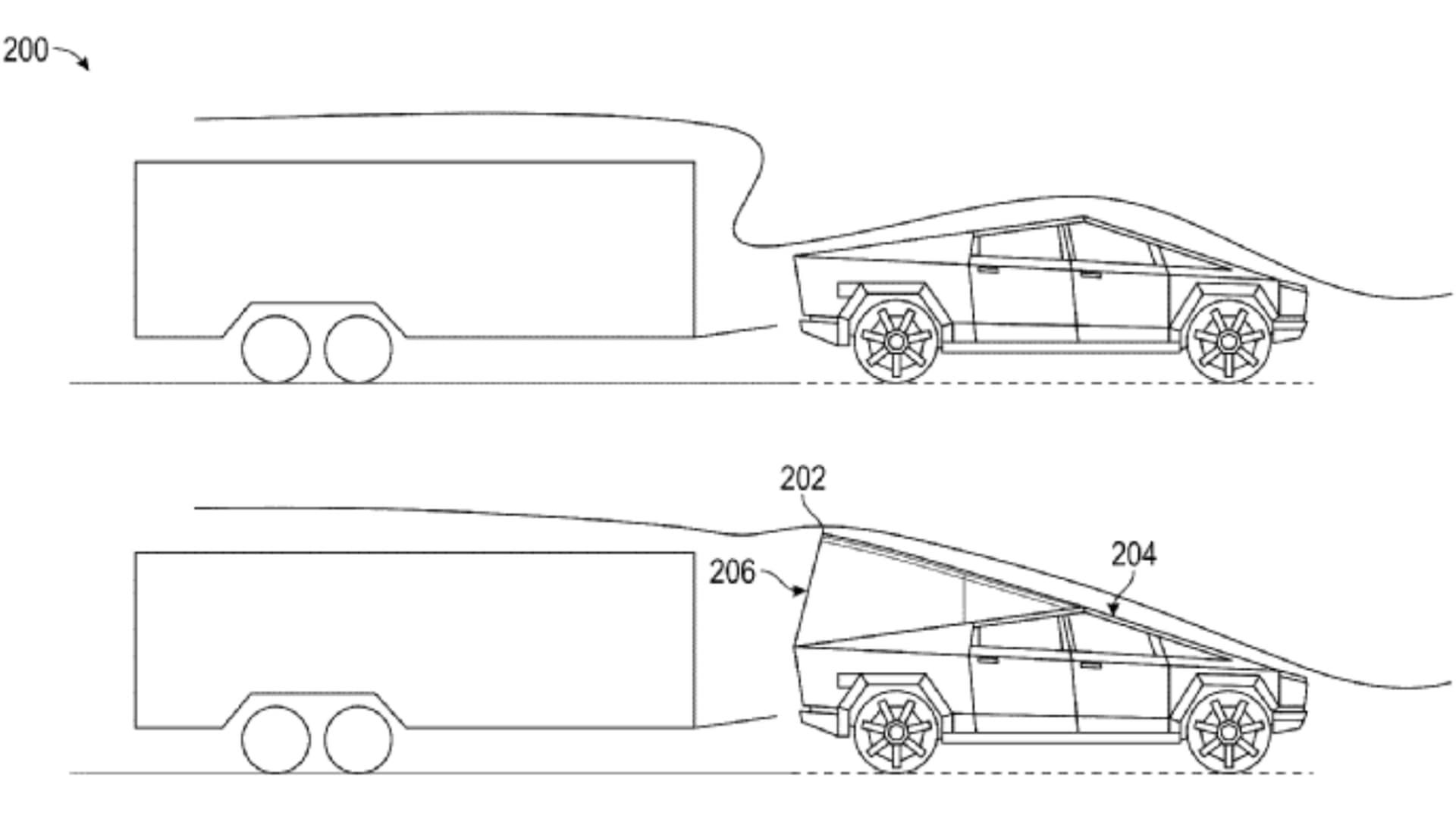 Nákres z patentové přihlášky ukazuje princip fungování nafukovacího deflektoru u Cybertrucku | Zdroj: Tesla