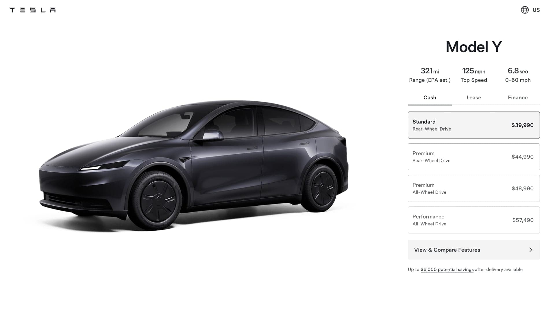 Tesla Model Y Standard v americkém konfigurátoru | Zdroj: Tesla / Luboš Srb