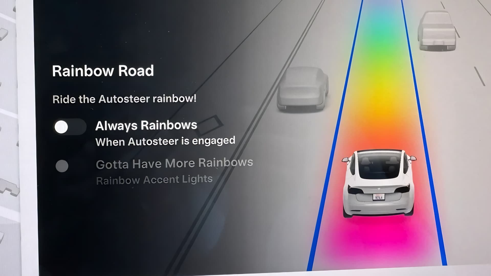 Nastavení Rainbow Road v infotainmentu Tesly | Zdroj: Not a Tesla App