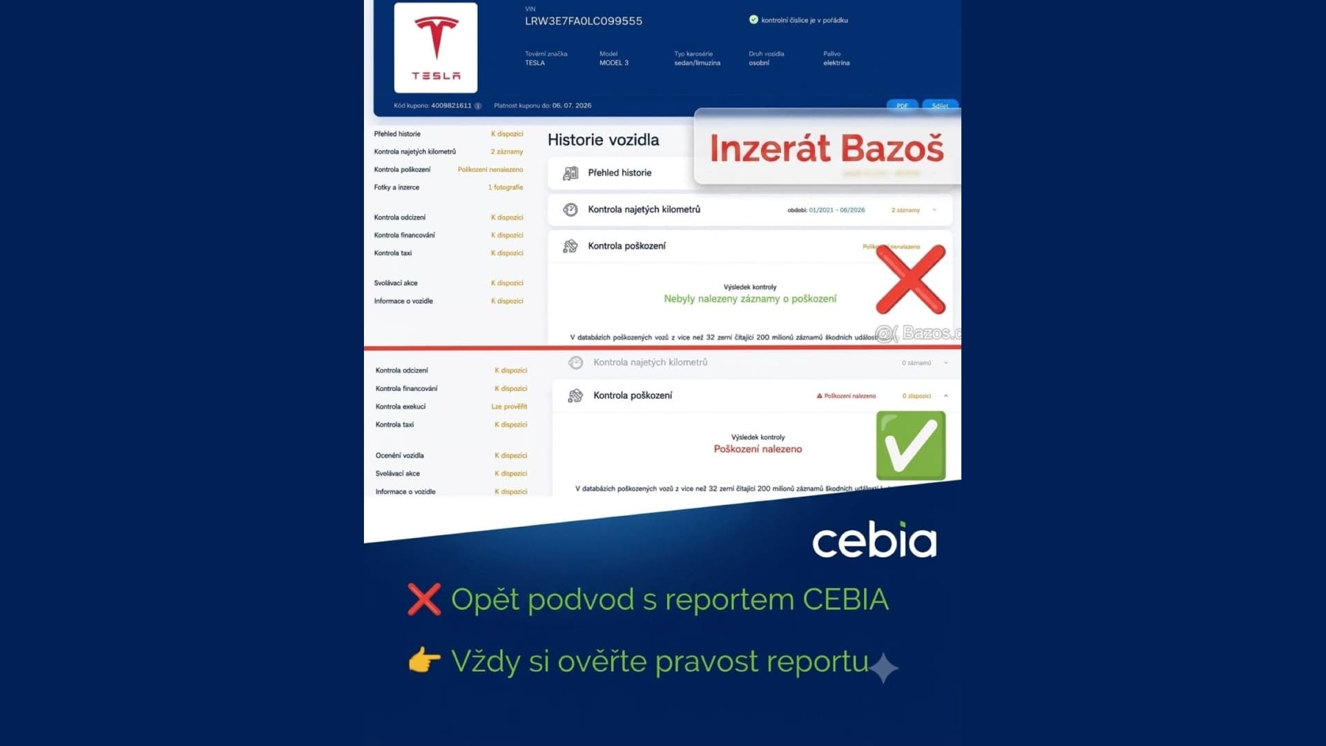 Cebia upozornila na zfalšovaný report historie vozidla | Zdroj: Cebia