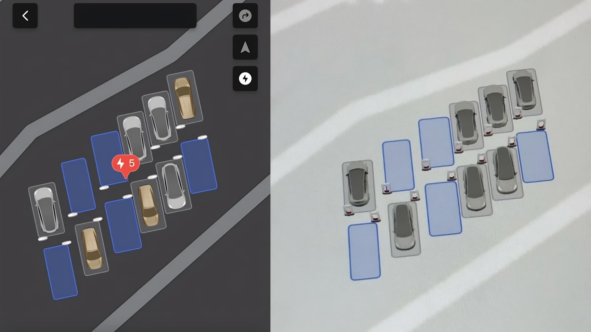 V mobilní aplikaci (vlevo) má Cybercab na 3D mapě obsazenosti Superchargeru vlastní model | Zdroj: Not a Tesla App