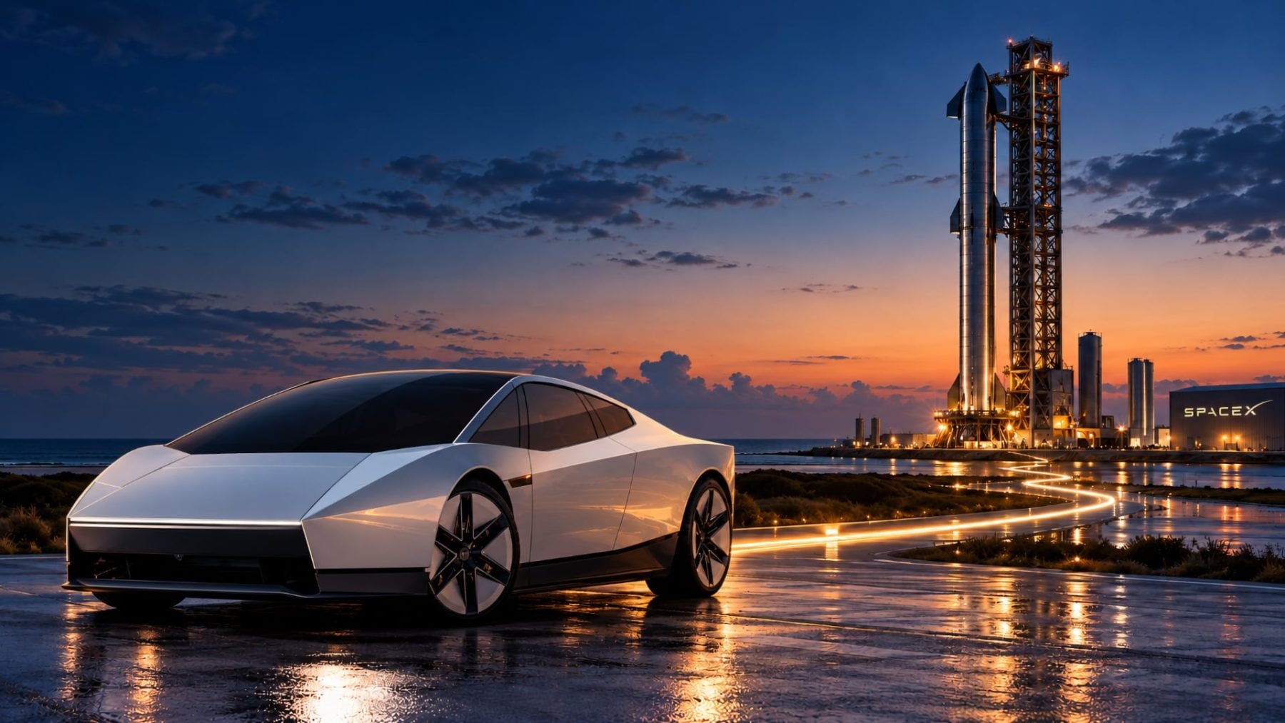 Tesla Roadster 2 u základny SpaceX | Zdroj: Tesla / SpaceX, úprava: Pavel Škopek